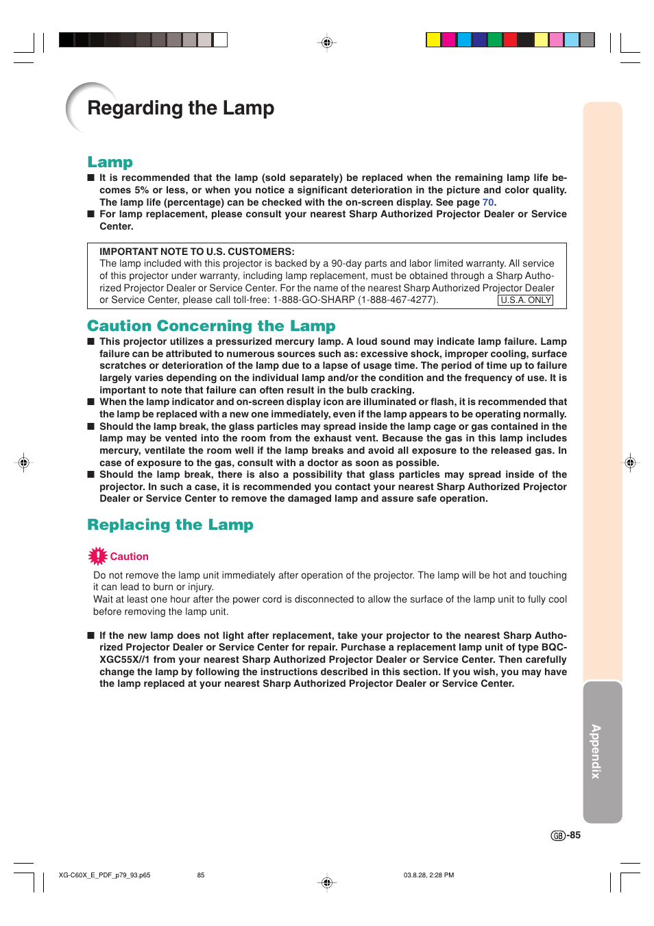 Regarding the lamp, Lamp, Caution concerning the lamp | Replacing the lamp | Sharp XG-C60X User Manual | Page 89 / 106