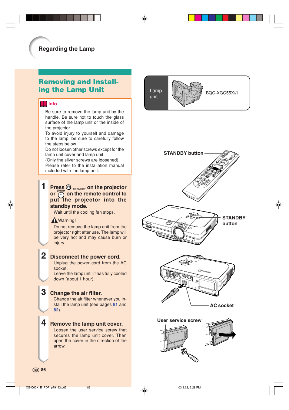 Removing and install- ing the lamp unit | Sharp XG-C60X User Manual | Page 90 / 106