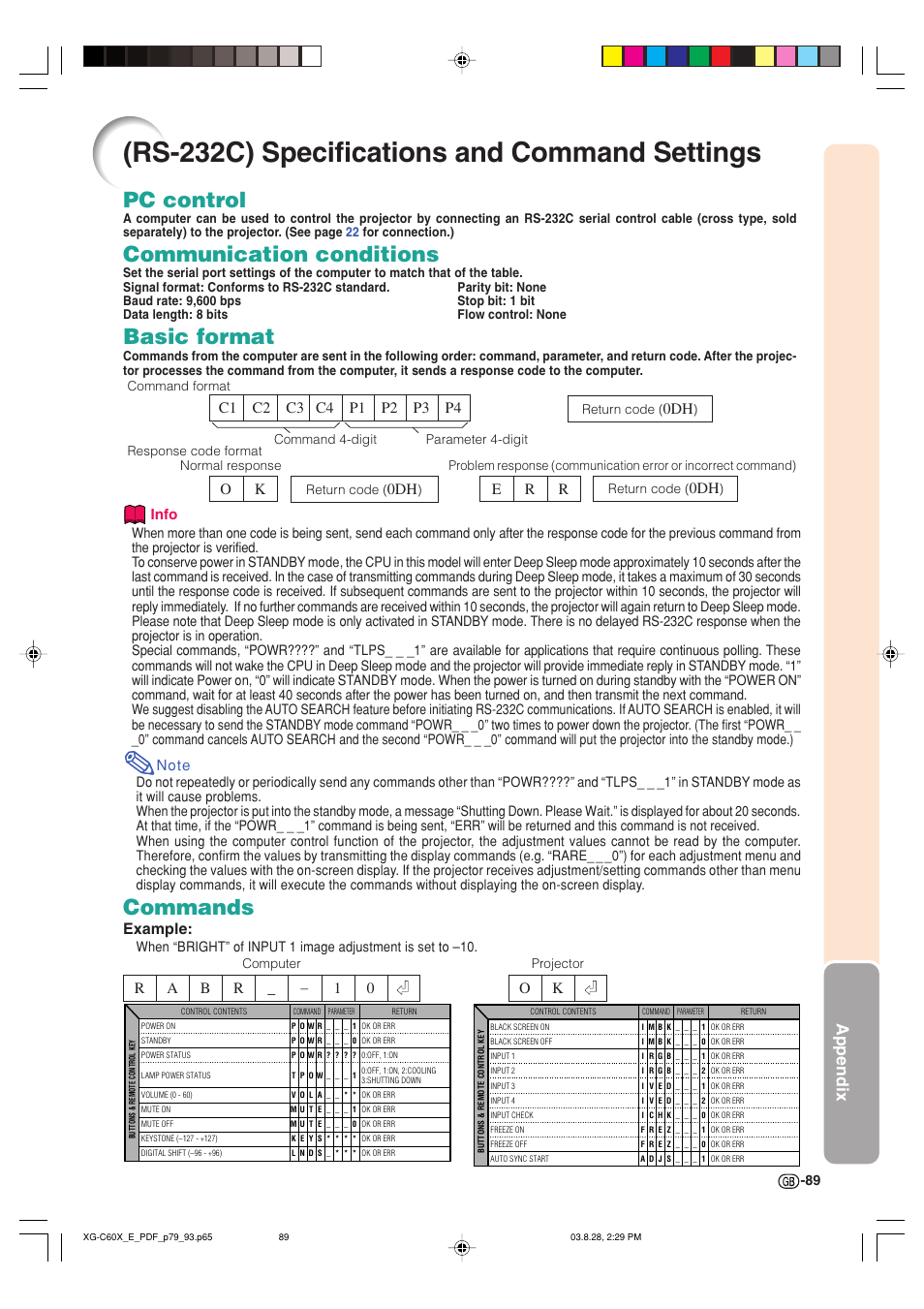 Rs-232c) specifications and command settings, Pc control, Communication conditions | Basic format, Commands, Appendix, Example, Info | Sharp XG-C60X User Manual | Page 93 / 106