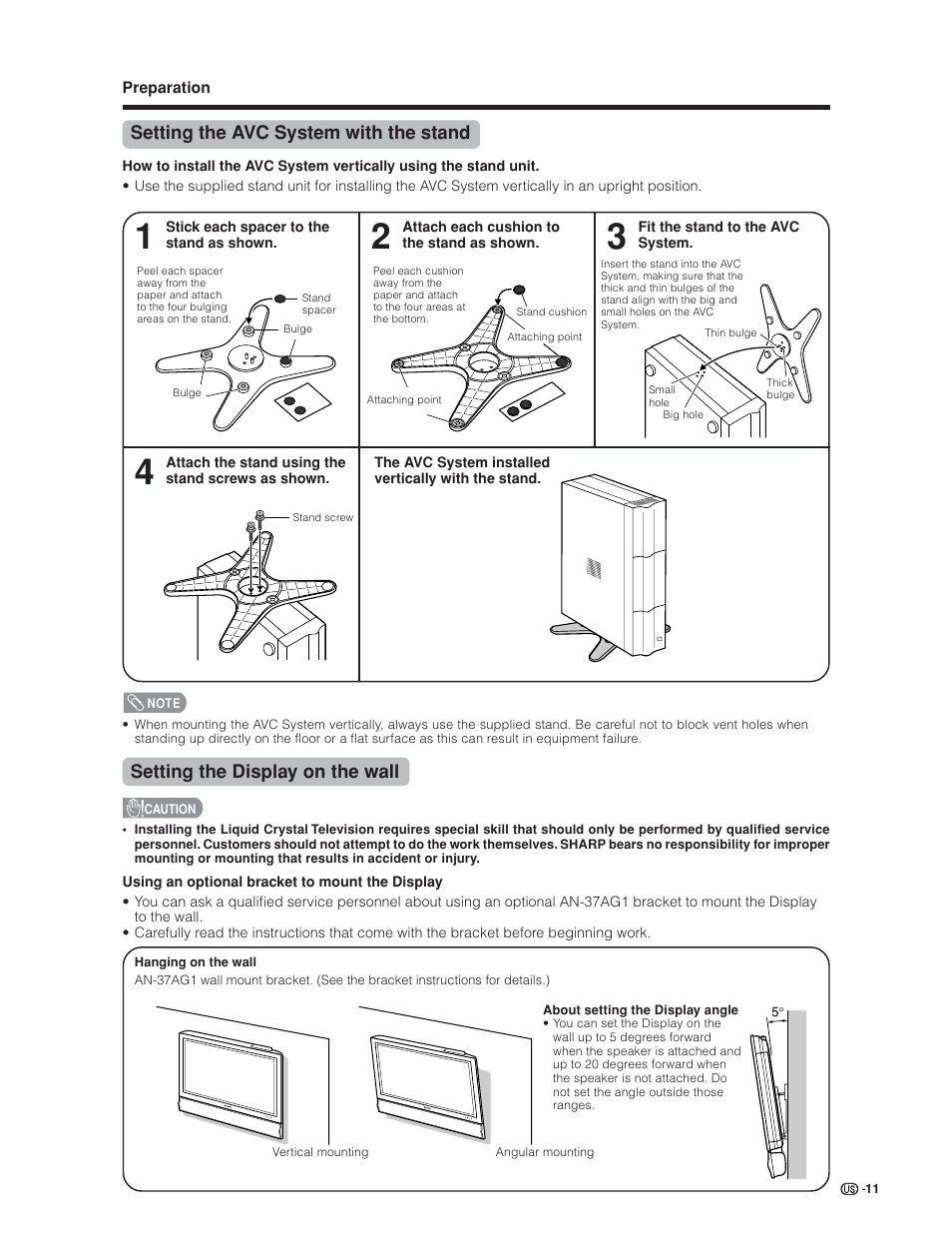 Setting the display on the wall, Setting the avc system with the stand | Sharp Aquos LC 30HV6U User Manual | Page 11 / 86