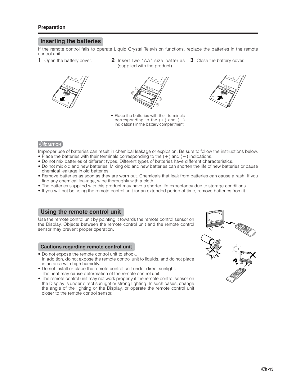 Inserting the batteries, Using the remote control unit | Sharp Aquos LC 30HV6U User Manual | Page 13 / 86