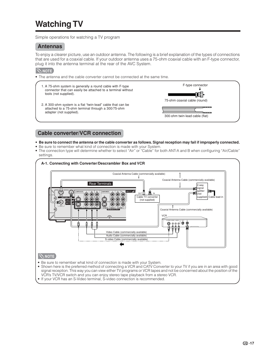 Watching tv, Antennas, Cable converter/vcr connection | Simple operations for watching a tv program | Sharp Aquos LC 30HV6U User Manual | Page 17 / 86