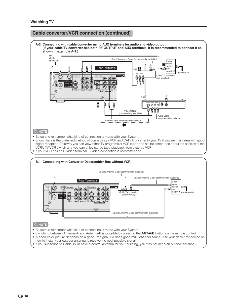 Cable converter/vcr connection (continued), Watching tv | Sharp Aquos LC 30HV6U User Manual | Page 18 / 86