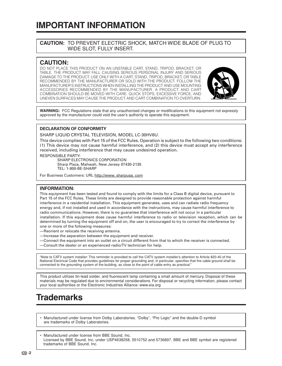 Important information, Trademarks, Caution | Sharp Aquos LC 30HV6U User Manual | Page 2 / 86