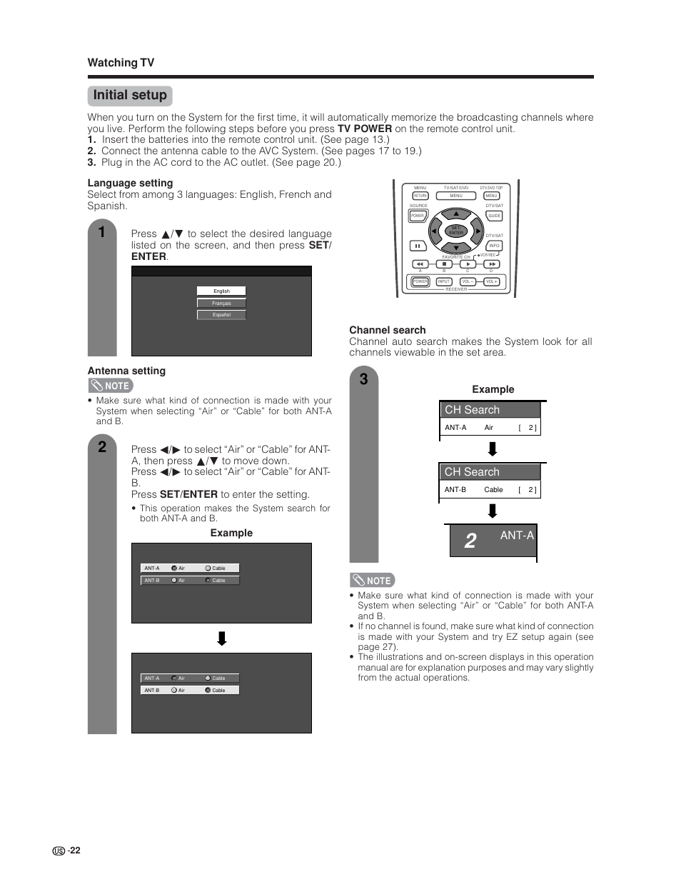 Initial setup, Watching tv, Ch search | Ant-a, Example | Sharp Aquos LC 30HV6U User Manual | Page 22 / 86
