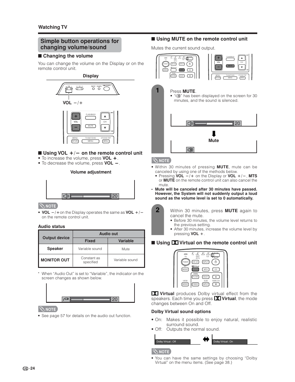 Simple button operations for changing volume/sound, Watching tv, Changing the volume | Using mute on the remote control unit, Using virtual on the remote control unit, Volume adjustment mute, Audio status, Mutes the current sound output. press mute, Display vol l/k | Sharp Aquos LC 30HV6U User Manual | Page 24 / 86