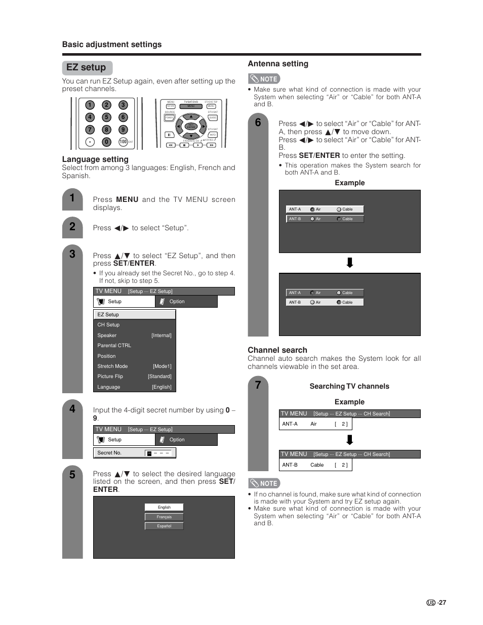 Ez setup, Basic adjustment settings, Language setting | Antenna setting, Channel search, Input the 4-digit secret number by using 0 – 9, Example | Sharp Aquos LC 30HV6U User Manual | Page 27 / 86