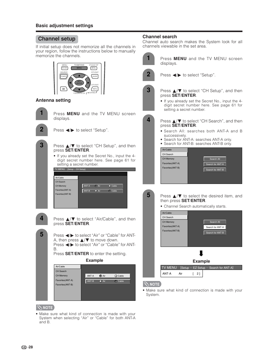 Channel setup, Basic adjustment settings, Channel search | Antenna setting, Example | Sharp Aquos LC 30HV6U User Manual | Page 28 / 86