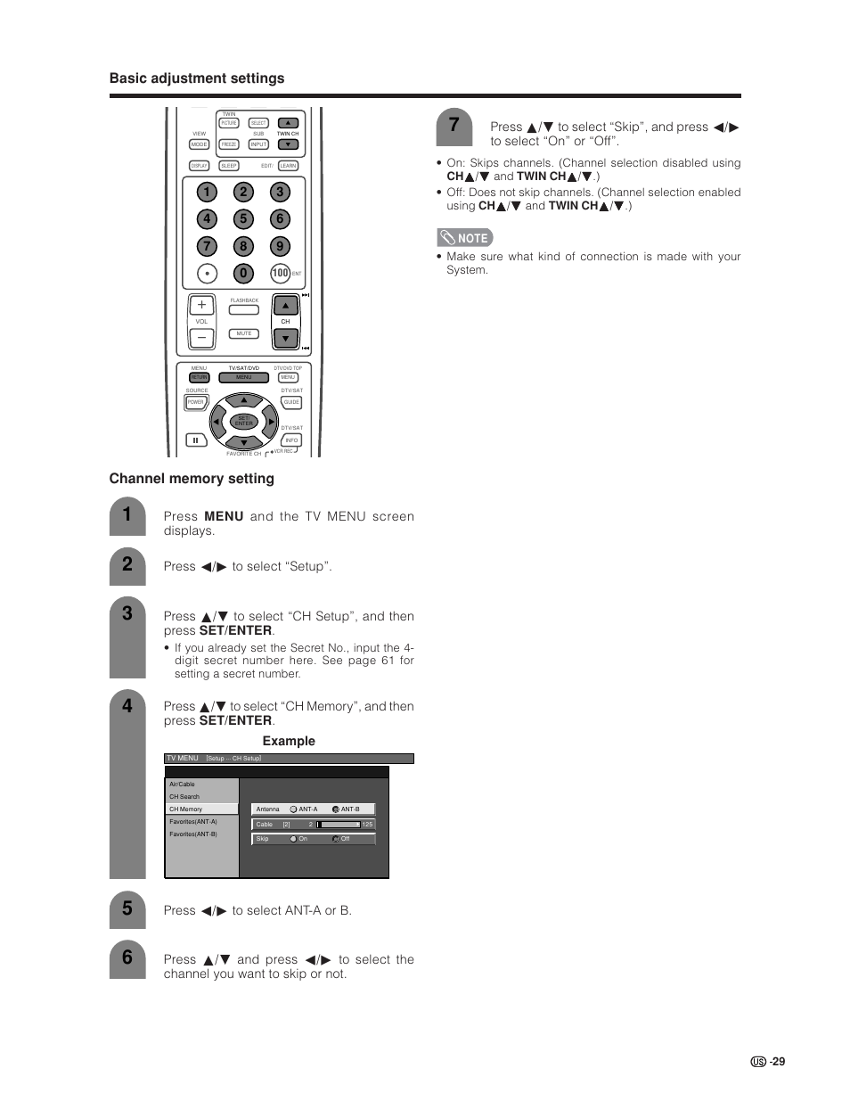 Basic adjustment settings, Press c/d to select ant-a or b | Sharp Aquos LC 30HV6U User Manual | Page 29 / 86