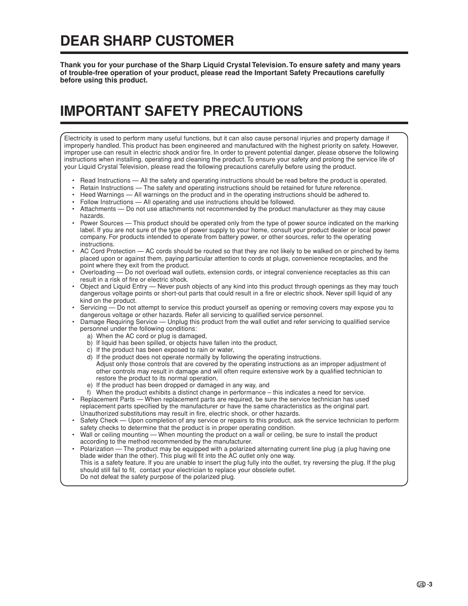 Dear sharp customer, Important safety precautions | Sharp Aquos LC 30HV6U User Manual | Page 3 / 86