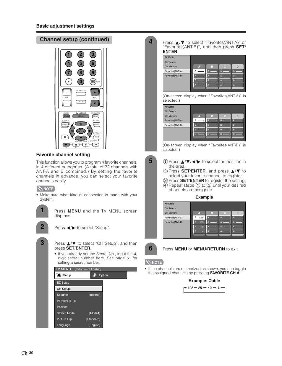 Channel setup (continued), Favorite channel setting, Basic adjustment settings | Example: cable, Press menu or menu/return to exit | Sharp Aquos LC 30HV6U User Manual | Page 30 / 86