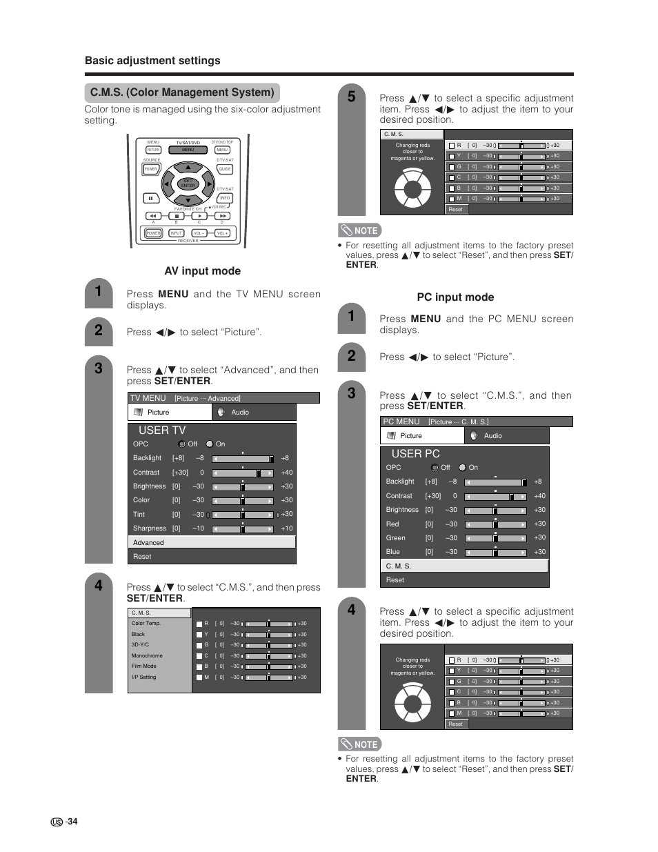 User tv, Av input mode pc input mode, User pc | Press c/d to select “picture | Sharp Aquos LC 30HV6U User Manual | Page 34 / 86