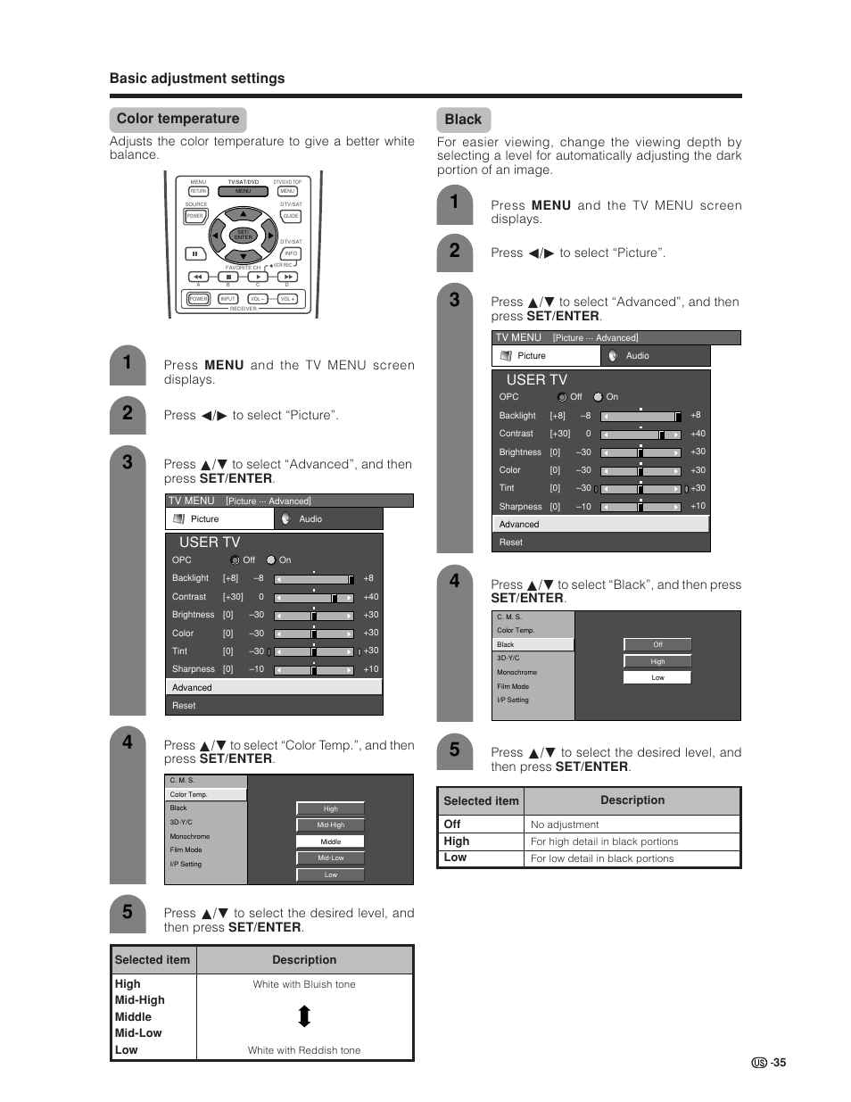 Basic adjustment settings color temperature, User tv, Black | Press menu and the tv menu screen displays, Press c/d to select “picture | Sharp Aquos LC 30HV6U User Manual | Page 35 / 86