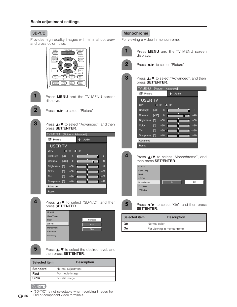 Basic adjustment settings 3d-y/c, User tv, Monochrome | Press c/d to select “picture, For viewing a video in monochrome, Press c/d to select “on”, and then press set/enter, Press menu and the tv menu screen displays | Sharp Aquos LC 30HV6U User Manual | Page 36 / 86