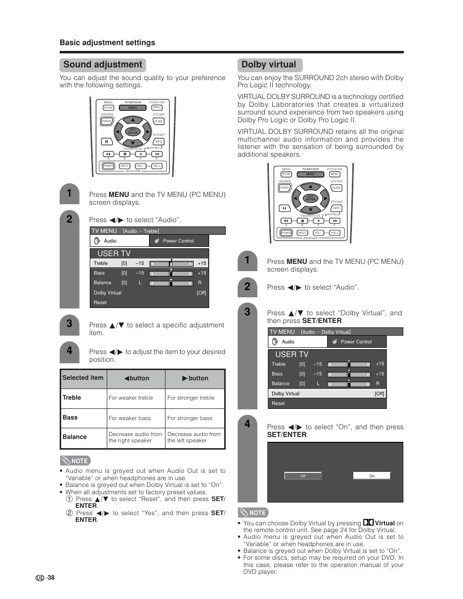 Sound adjustment, Dolby virtual, Basic adjustment settings | User tv | Sharp Aquos LC 30HV6U User Manual | Page 38 / 86