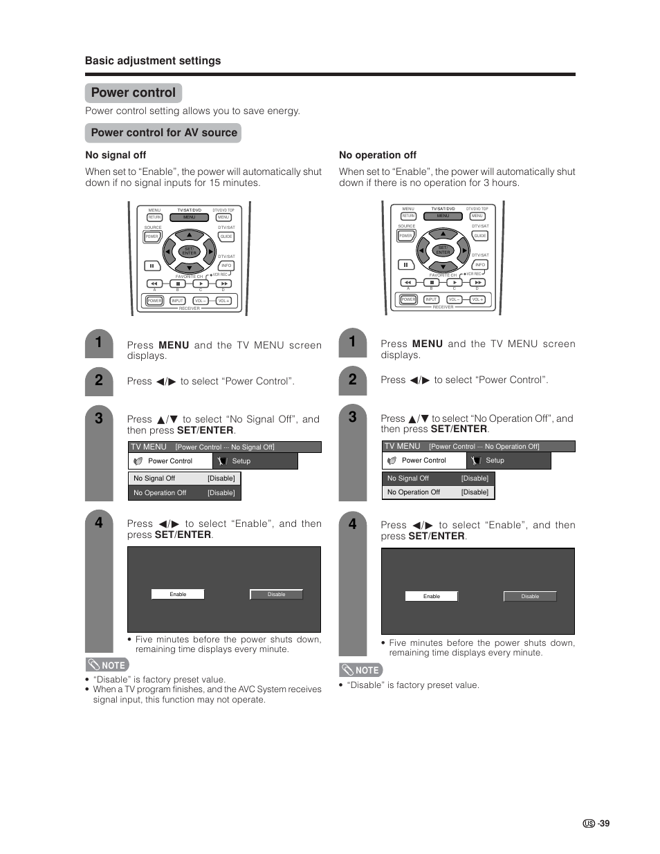 Power control, Basic adjustment settings, Power control for av source | Power control setting allows you to save energy | Sharp Aquos LC 30HV6U User Manual | Page 39 / 86