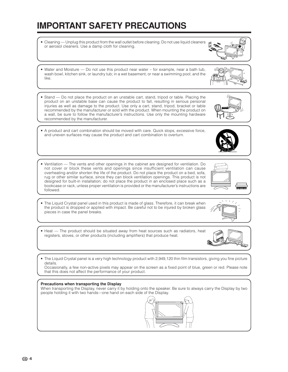 Important safety precautions | Sharp Aquos LC 30HV6U User Manual | Page 4 / 86