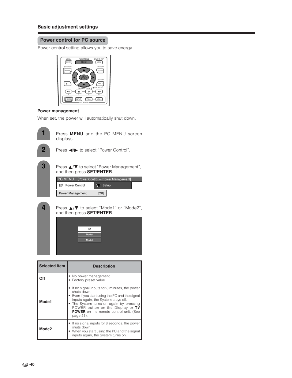 Power control for pc source, Basic adjustment settings, Power control setting allows you to save energy | Sharp Aquos LC 30HV6U User Manual | Page 40 / 86