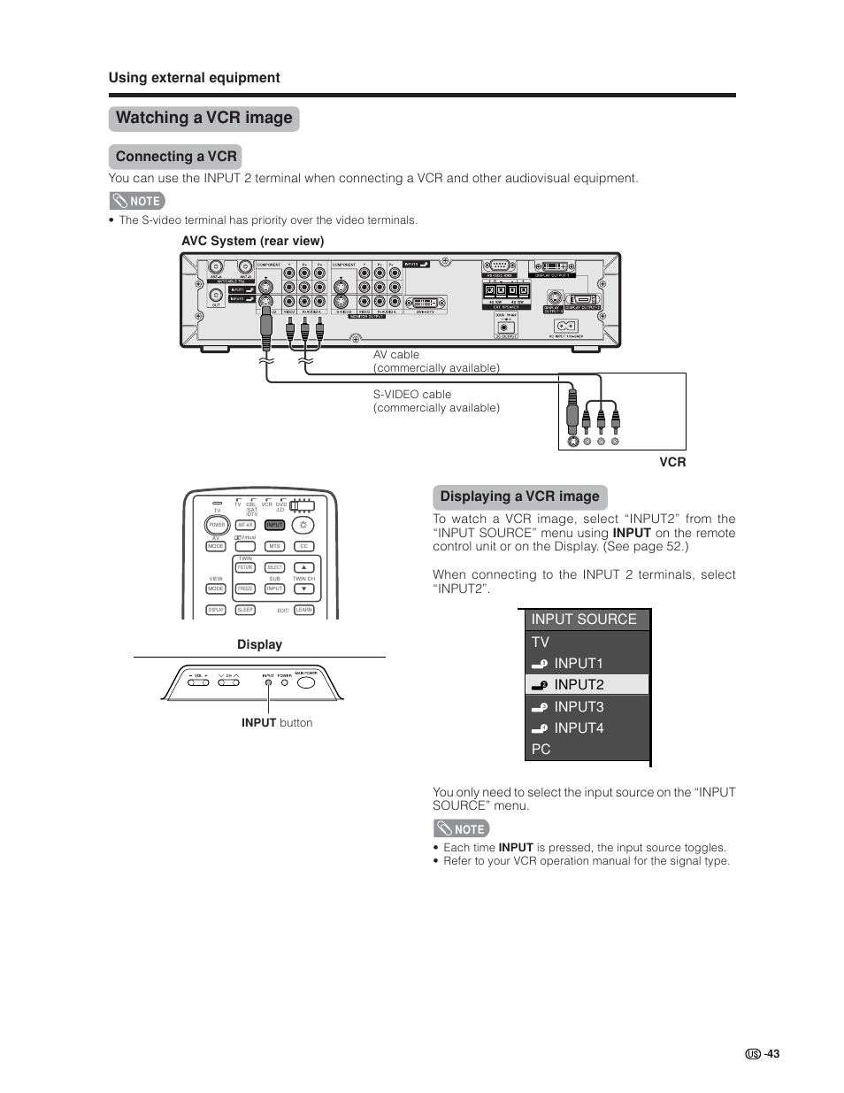 Watching a vcr image, Using external equipment, Connecting a vcr | Displaying a vcr image, Input source tv input1 input2 input3 input4 pc, Avc system (rear view) vcr, Display | Sharp Aquos LC 30HV6U User Manual | Page 43 / 86