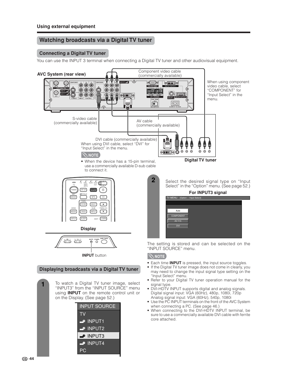 Watching broadcasts via a digital tv tuner, Using external equipment, Connecting a digital tv tuner | Displaying broadcasts via a digital tv tuner, Input source tv input1 input2 input3 input4 pc, Avc system (rear view) digital tv tuner, Display | Sharp Aquos LC 30HV6U User Manual | Page 44 / 86