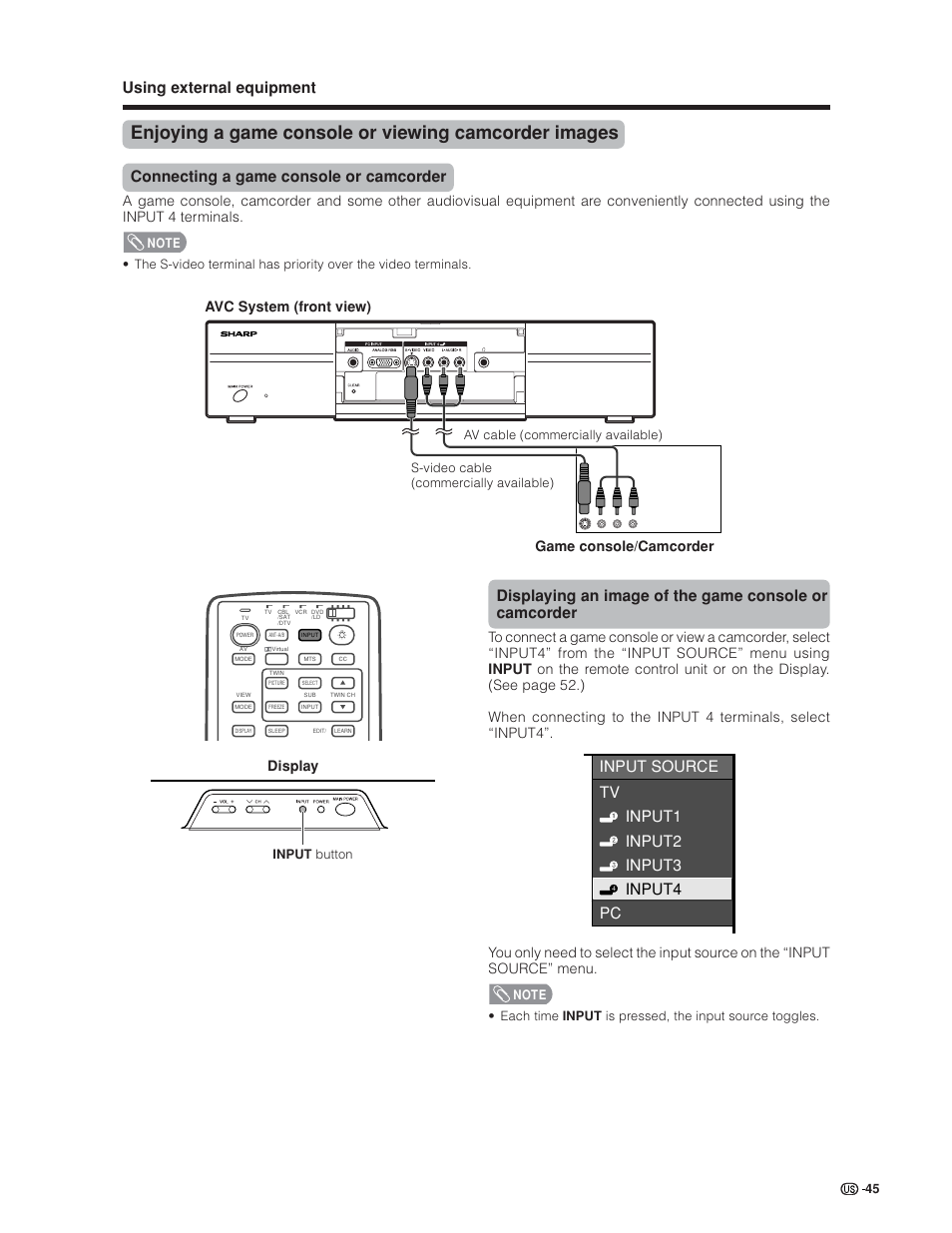 Using external equipment, Connecting a game console or camcorder, Input source tv input1 input2 input3 input4 pc | Avc system (front view) game console/camcorder, Display | Sharp Aquos LC 30HV6U User Manual | Page 45 / 86