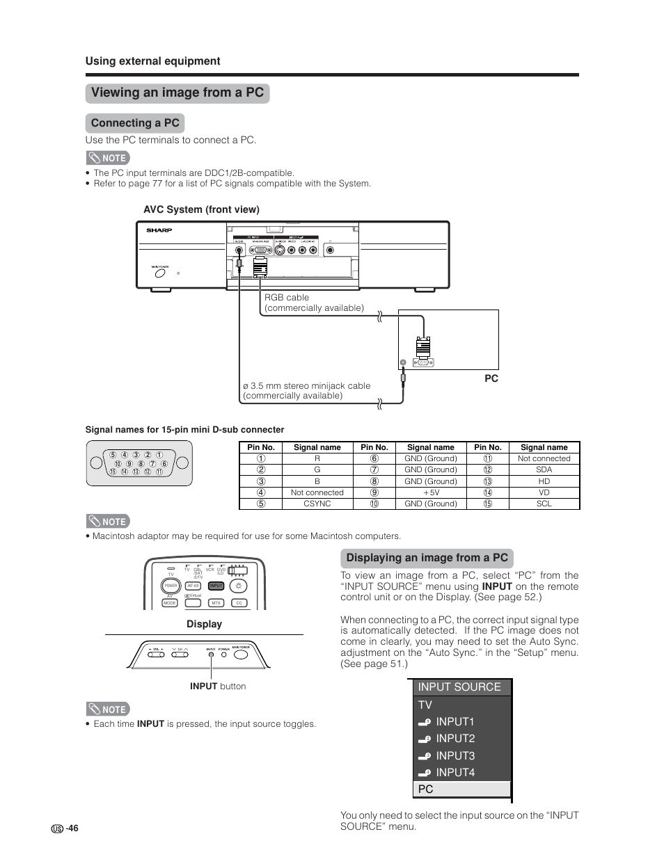 Viewing an image from a pc, Using external equipment, Connecting a pc | Displaying an image from a pc, Input source tv input1 input2 input3 input4 pc | Sharp Aquos LC 30HV6U User Manual | Page 46 / 86