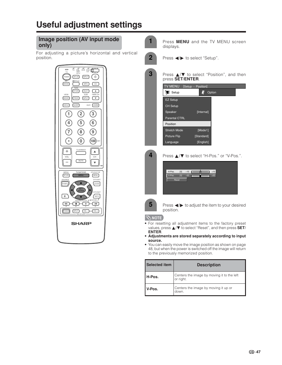 Useful adjustment settings, Image position (av input mode only) | Sharp Aquos LC 30HV6U User Manual | Page 47 / 86