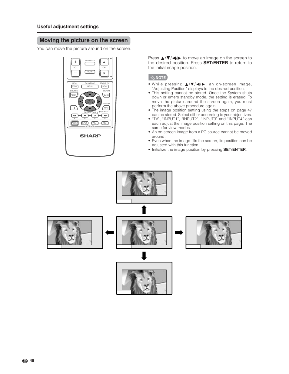 Moving the picture on the screen, Useful adjustment settings, You can move the picture around on the screen | Sharp Aquos LC 30HV6U User Manual | Page 48 / 86