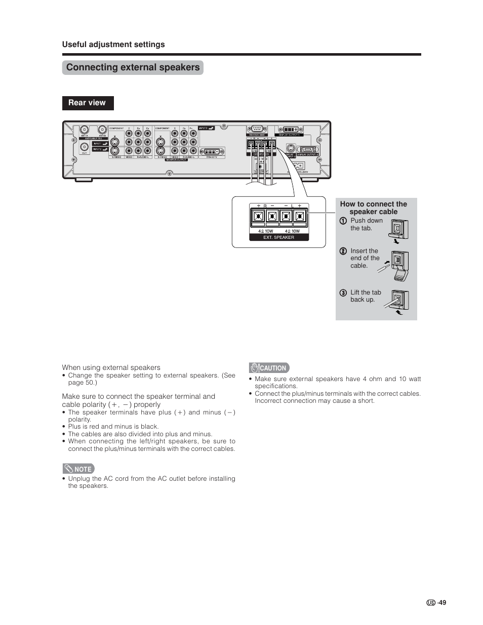 Connecting external speakers | Sharp Aquos LC 30HV6U User Manual | Page 49 / 86