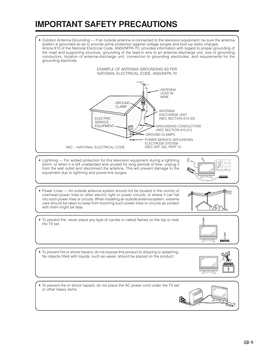 Important safety precautions | Sharp Aquos LC 30HV6U User Manual | Page 5 / 86