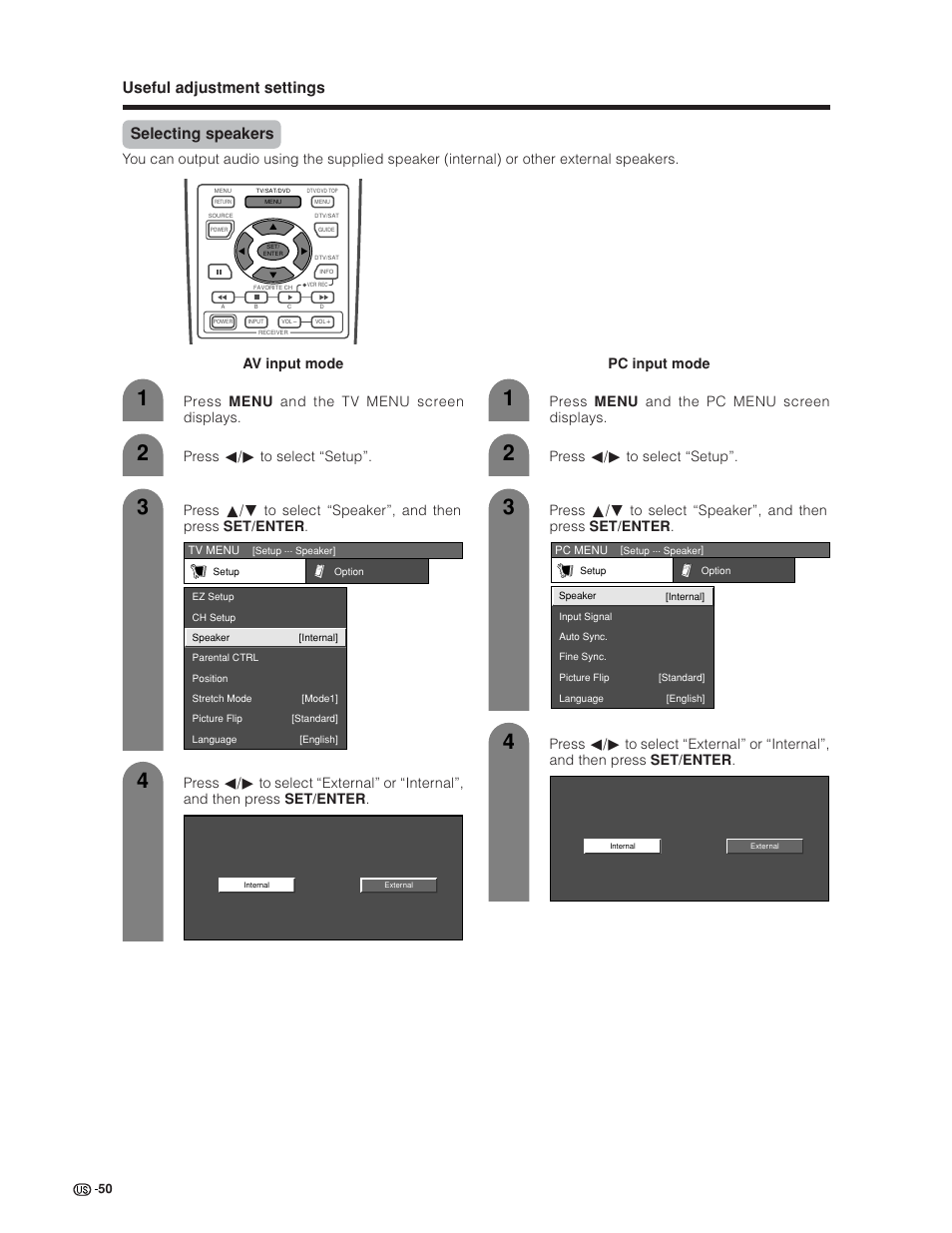 Selecting speakers, Useful adjustment settings | Sharp Aquos LC 30HV6U User Manual | Page 50 / 86