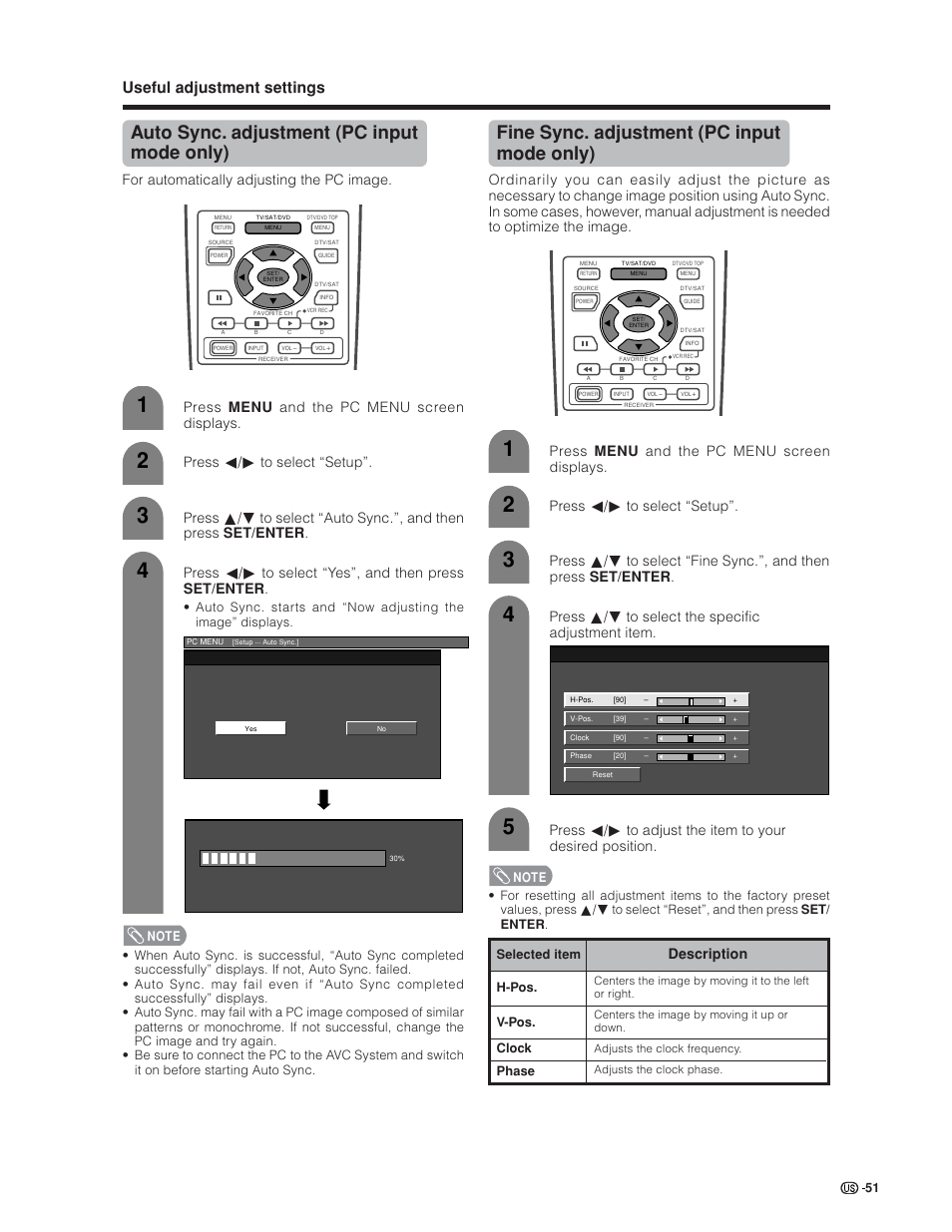 Auto sync. adjustment (pc input mode only), Fine sync. adjustment (pc input mode only), Useful adjustment settings | Description, Press a/b to select the specific adjustment item | Sharp Aquos LC 30HV6U User Manual | Page 51 / 86