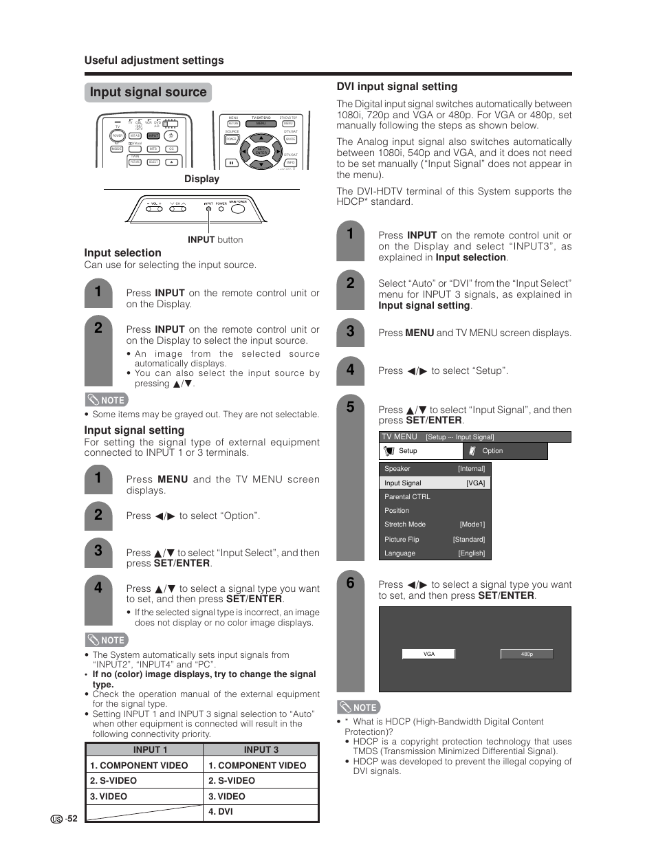 Input signal source, Useful adjustment settings, Input signal setting | Input selection, Dvi input signal setting | Sharp Aquos LC 30HV6U User Manual | Page 52 / 86