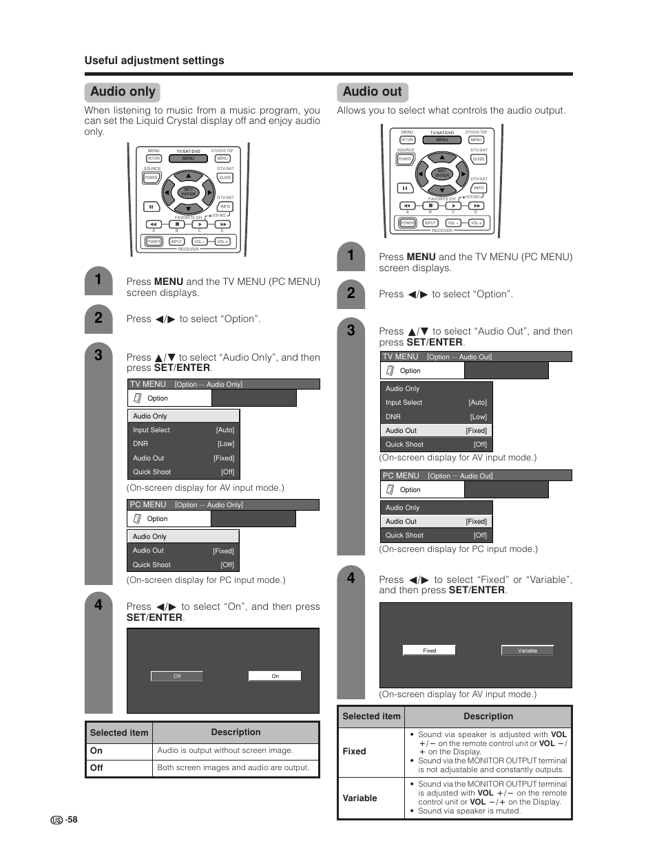 Audio out, Audio only, Useful adjustment settings | Press c/d to select “option | Sharp Aquos LC 30HV6U User Manual | Page 58 / 86