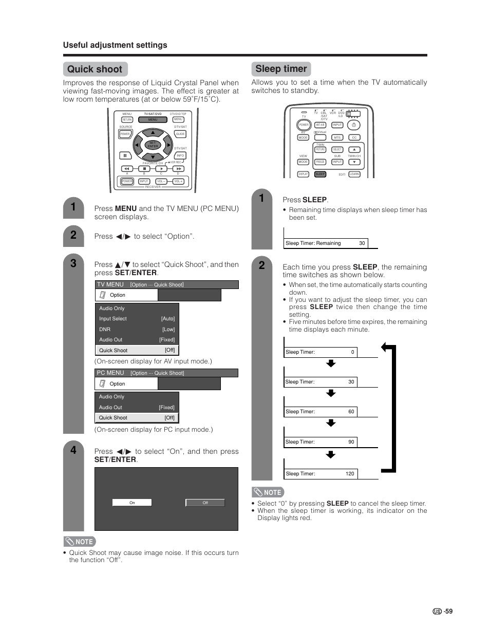 Quick shoot, Sleep timer, Useful adjustment settings | Press sleep | Sharp Aquos LC 30HV6U User Manual | Page 59 / 86