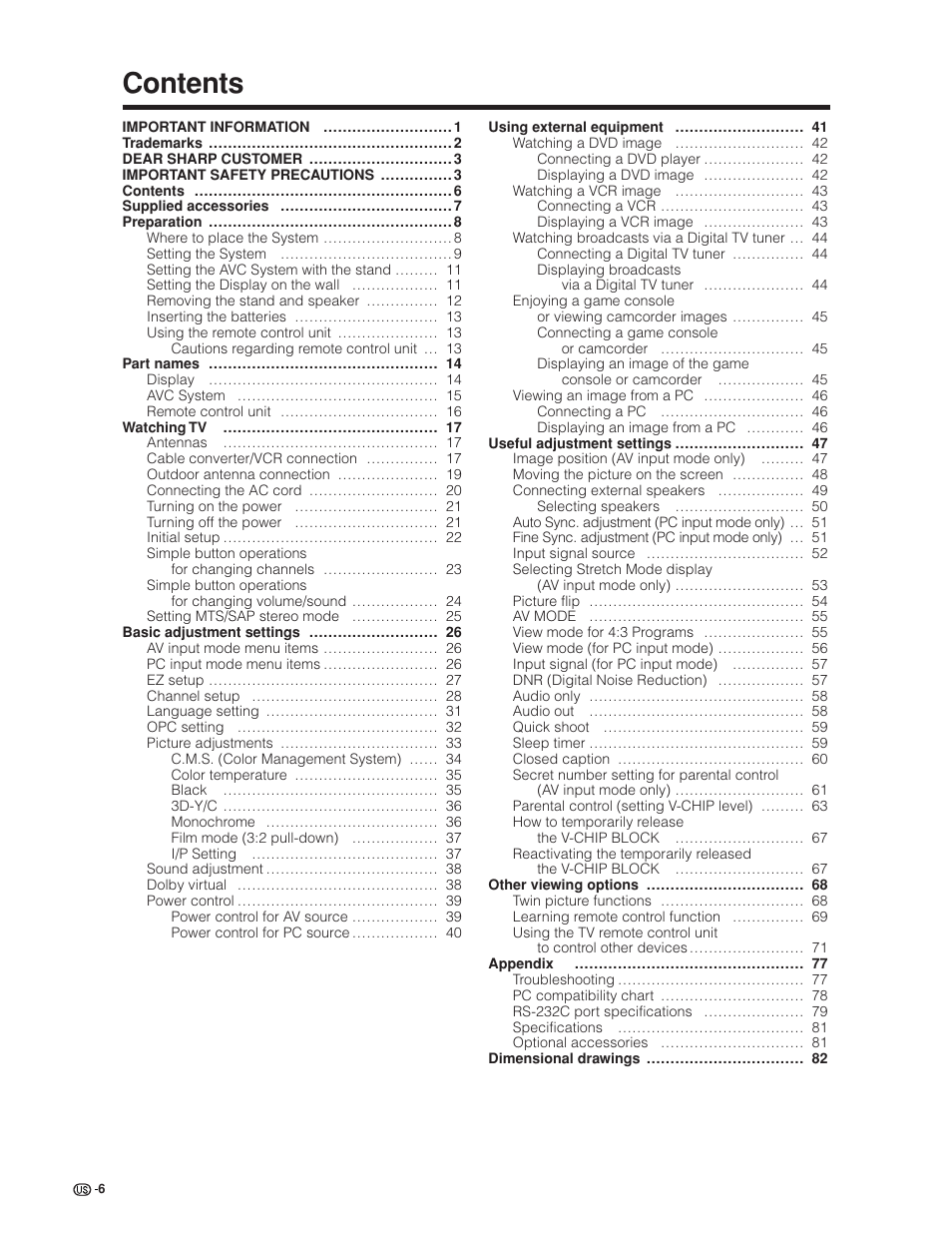 Sharp Aquos LC 30HV6U User Manual | Page 6 / 86