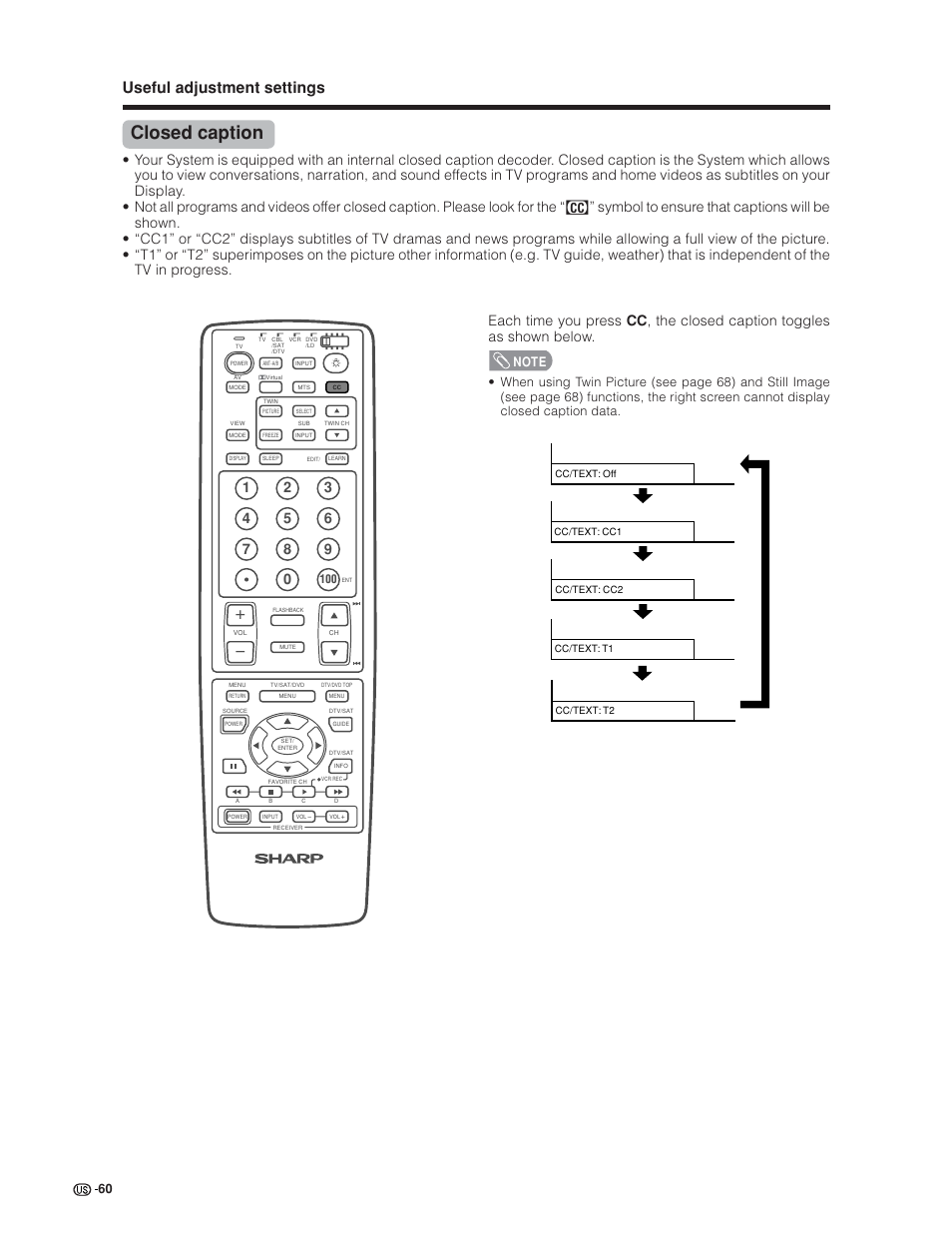 Closed caption, Useful adjustment settings | Sharp Aquos LC 30HV6U User Manual | Page 60 / 86