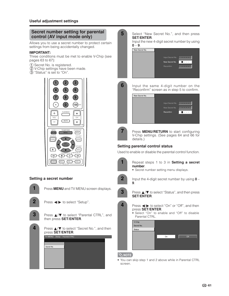 Useful adjustment settings, Setting parental control status, Setting a secret number | Repeat steps 1 to 3 in setting a secret number, Input the 4-digit secret number by using 0 – 9 | Sharp Aquos LC 30HV6U User Manual | Page 61 / 86