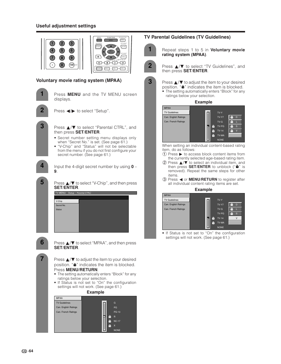 Tv parental guidelines (tv guidelines), Press menu and the tv menu screen displays, Example | Sharp Aquos LC 30HV6U User Manual | Page 64 / 86