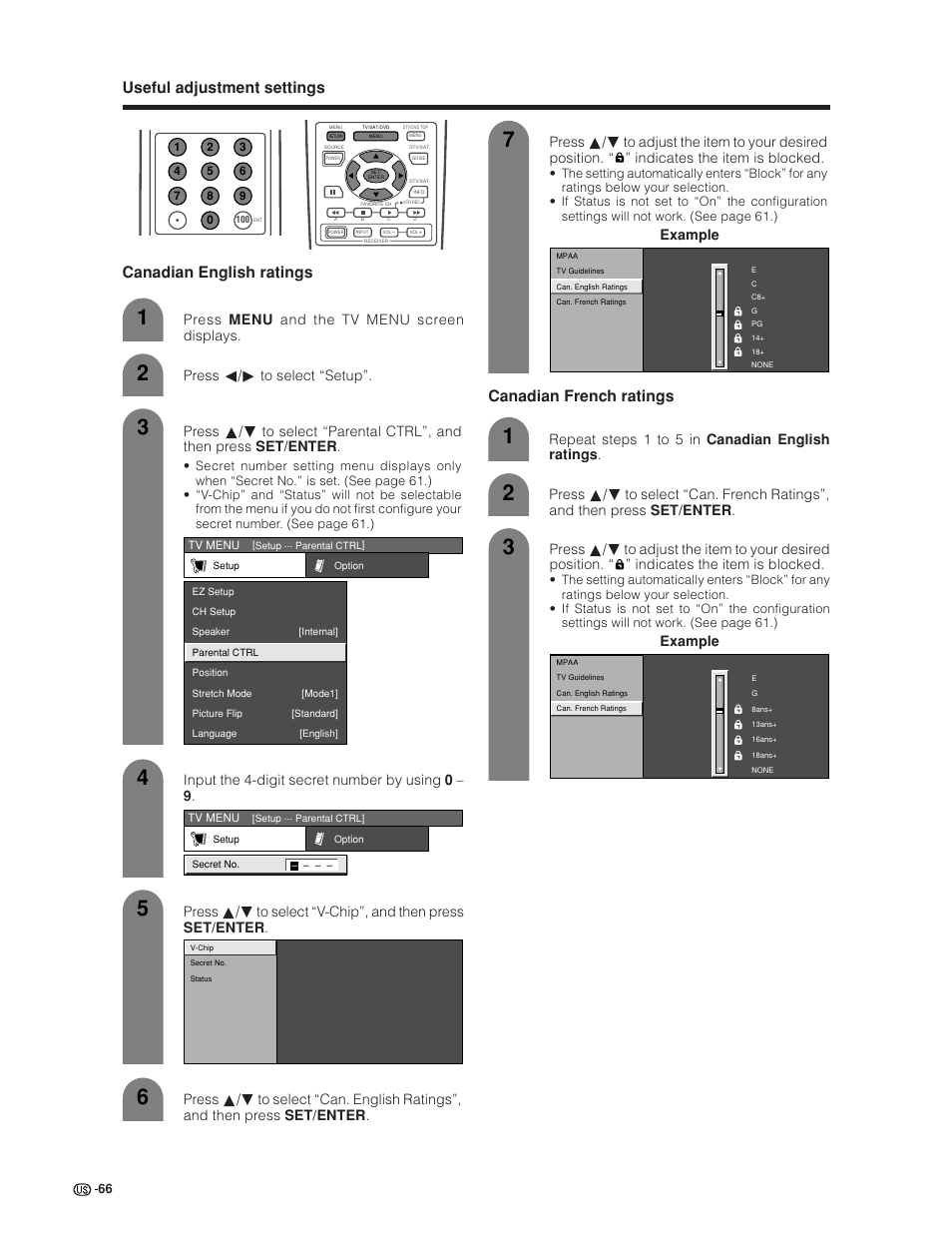 Canadian french ratings, Repeat steps 1 to 5 in canadian english ratings, Press menu and the tv menu screen displays | Example | Sharp Aquos LC 30HV6U User Manual | Page 66 / 86