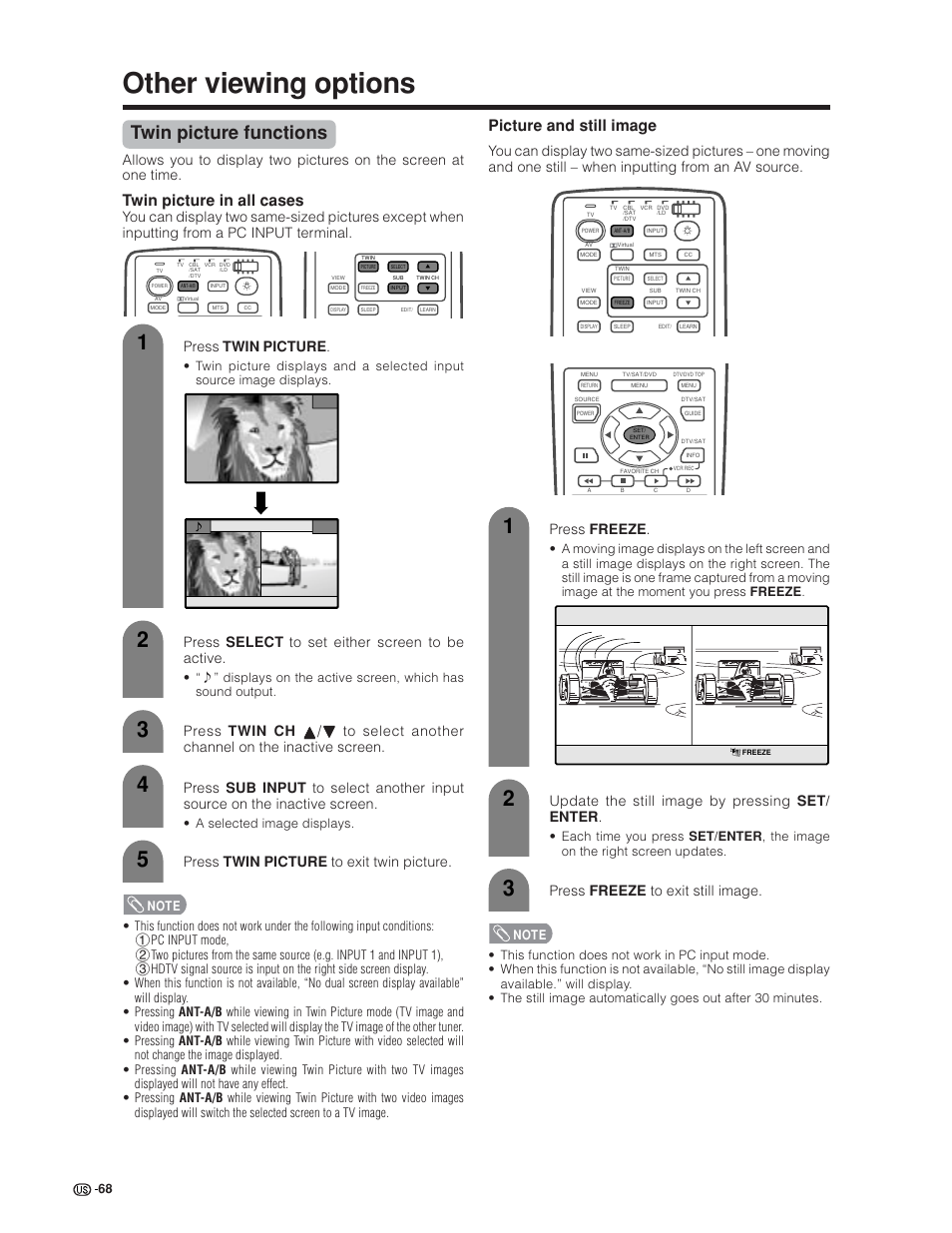 Other viewing options, Twin picture functions, Twin picture in all cases | Picture and still image, Press select to set either screen to be active, Press twin picture to exit twin picture, Update the still image by pressing set/ enter, Press freeze to exit still image | Sharp Aquos LC 30HV6U User Manual | Page 68 / 86