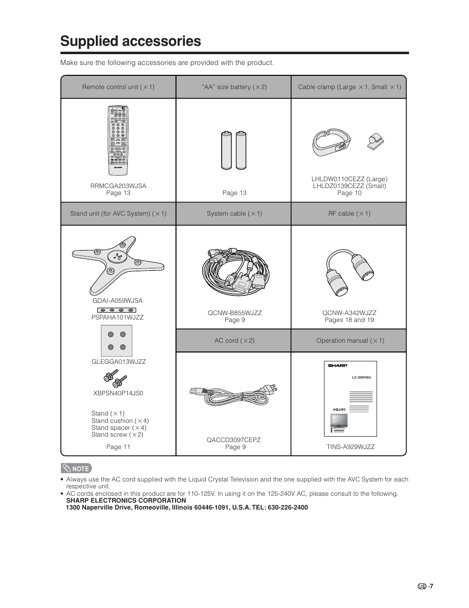 Supplied accessories | Sharp Aquos LC 30HV6U User Manual | Page 7 / 86