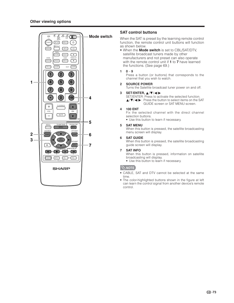 Other viewing options sat control buttons, Mode switch | Sharp Aquos LC 30HV6U User Manual | Page 73 / 86