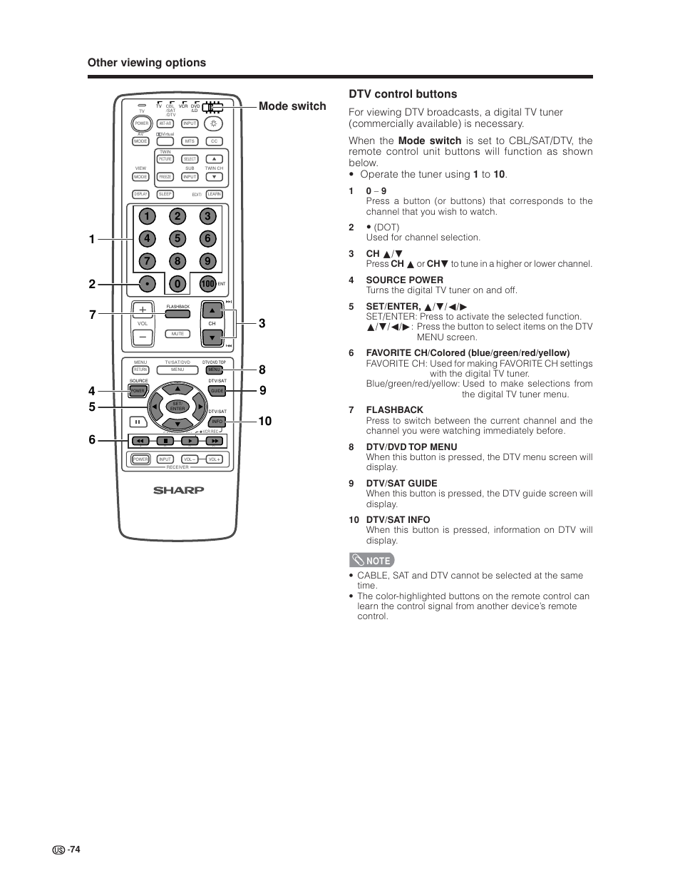 Other viewing options dtv control buttons, Mode switch | Sharp Aquos LC 30HV6U User Manual | Page 74 / 86
