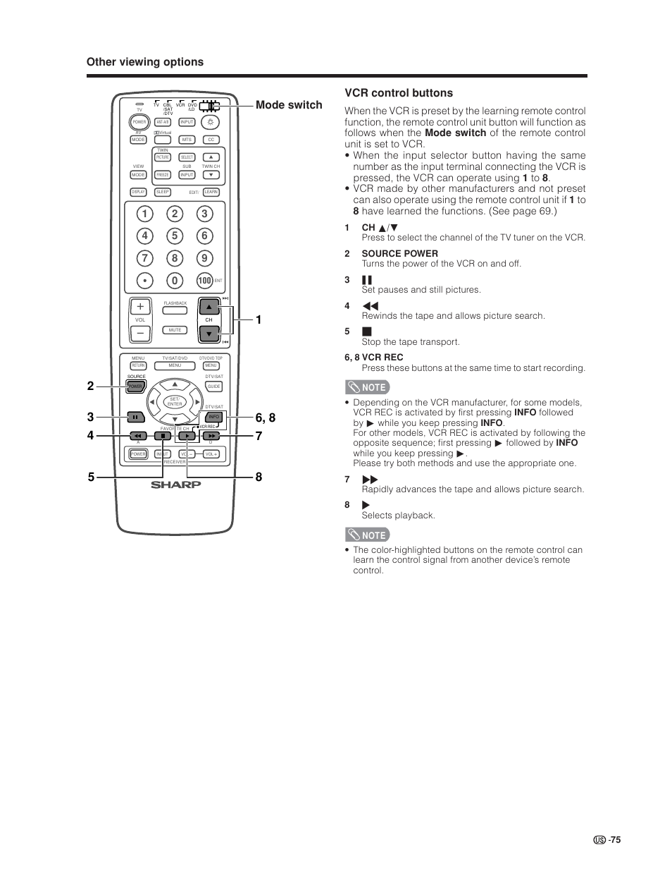 Other viewing options vcr control buttons, Mode switch | Sharp Aquos LC 30HV6U User Manual | Page 75 / 86