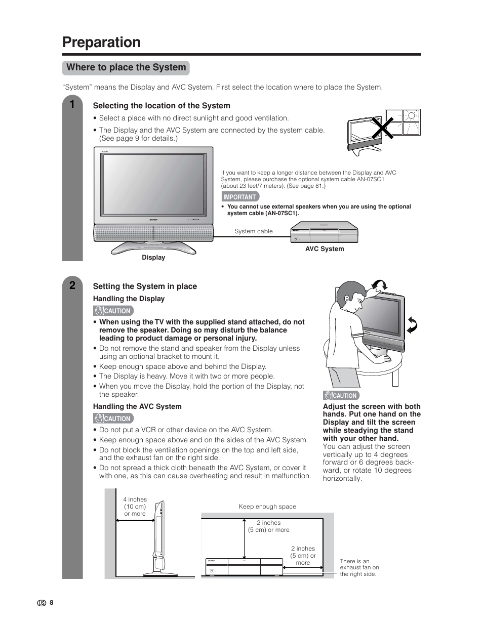 Preparation, Where to place the system | Sharp Aquos LC 30HV6U User Manual | Page 8 / 86