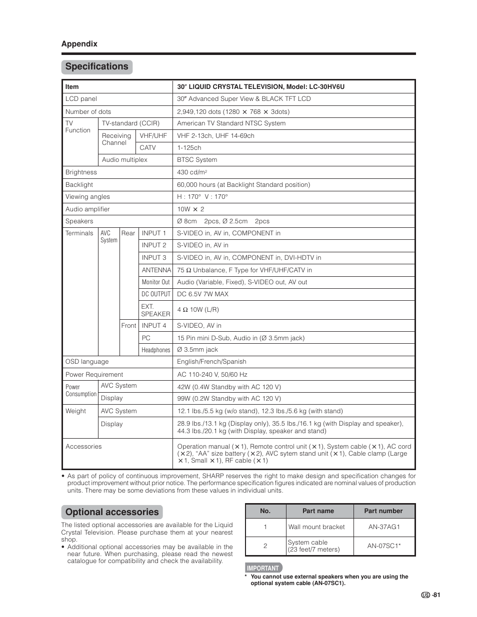 Specifications, Optional accessories | Sharp Aquos LC 30HV6U User Manual | Page 81 / 86