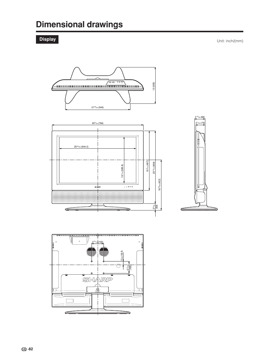Dimensional drawings, Display, Unit: inch/(mm) | Sharp Aquos LC 30HV6U User Manual | Page 82 / 86