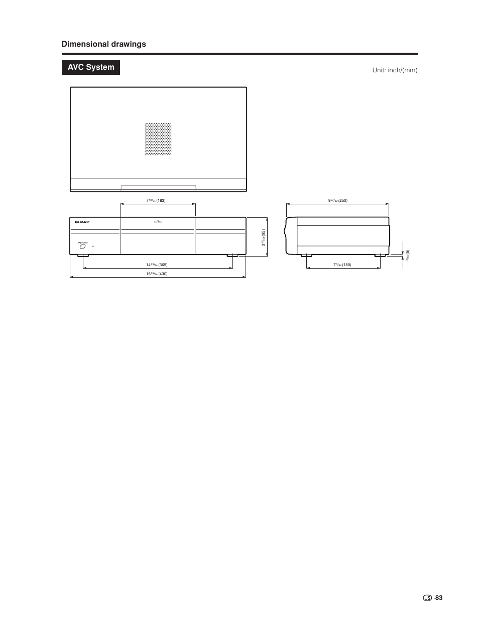 Dimensional drawings, Avc system, Unit: inch/(mm) | Sharp Aquos LC 30HV6U User Manual | Page 83 / 86
