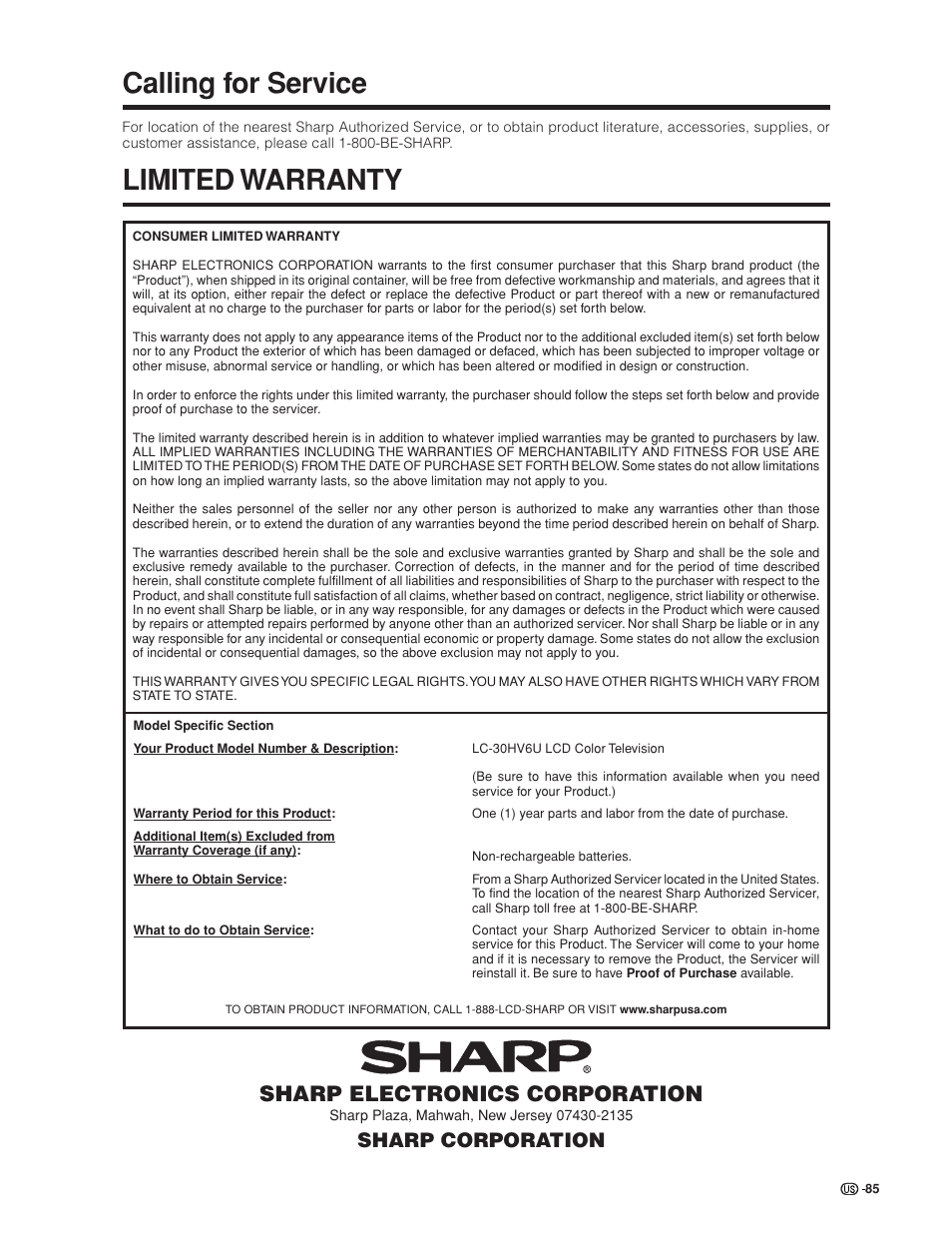 Calling for service, Limited warranty, Sharp electronics corporation | Sharp corporation | Sharp Aquos LC 30HV6U User Manual | Page 85 / 86